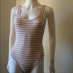 Vintage 1960s Style Striped Bodysuit - Pink, White, & Grey - 95% Cotton & 5% Spandex - New Without Tags Striped Fitted Bodysuit, Retro Fitted Sleeveless Bodysuit, American Apparel Bodysuit, Scoop Back Bodysuit, Vintage Bodysuit, 1960s Style, Leotard Bodysuit, Floral Bodysuit, Striped Bodysuit