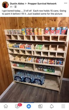 a wooden shelf filled with lots of food