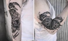 two images show the same tattoo on one arm and an octopus tattooed on the other