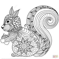 an adult coloring book page featuring a squirrel with intricate designs on it's body