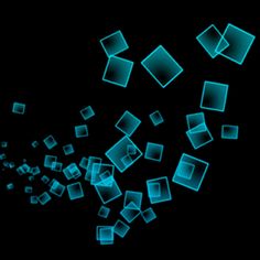 blue squares and cubes are flying in the air on a black background with space for text