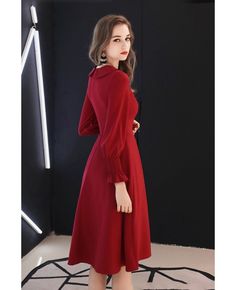 Shop Retro Knee Length Burgundy Party Dress With Long Sleeves Bow Knot online. All instock with free shipping. Pro since 2009. Long Sleeve Party Midi Dress, Winter Dinner Midi Dress, Knee-length, Long Sleeve Dress For Fall Evening, Long Sleeve Midi Dress For Party Season Dinner, Knee-length Long Sleeve Dress For Formal Winter Events, Long Sleeve Midi Dress For Dinner Party, Holiday Long Sleeve Midi Dress, Knee-length Long Sleeve Dress For Winter Formal, Fall Semi-formal Long Sleeve Midi Dress