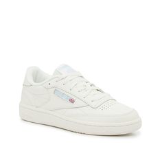 Reebok-Club C 85 Sneaker - Women's You'll feel all the street style vibes when wearing the Club C 85 sneaker from Reebok. This women's low-top features a leather finish for a perfect athleisure look. Easy to pair with anything from jeans to t-shirt dresses! Reebok Classic White Sneaker, Cheap White Adidas Sneakers, Cheap White Sneakers, White Rebook Sneakers, White Basic Shoes, Simple White Shoes, White Everyday Shoes, Cute White Sneakers For Women, Rebock Shoe Outfit Women