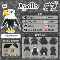 an animal crossing character is shown in the game's info sheet, which includes clothing and