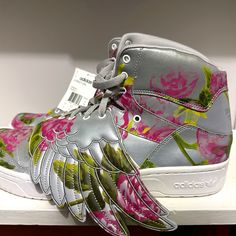 Floral Print Jeremy Scott Wings - Never Worn. Luxury Silver Custom Sneakers, Adidas Jeremy Scott Wings, Jeremy Scott Adidas, Adidas Camo, Adidas Floral, Animal Print Shoes, Snake Design, Jeremy Scott, Print Sneakers