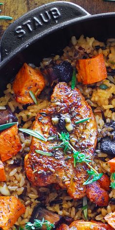 Chicken and Wild Rice with Sweet Potatoes and Mushrooms in a cast iron skillet. Easy Dinner Recipes Veggies, Chicken Autumn Recipes, On Budget Meals Recipes, Easy Dinner Recipes With Mushrooms, Easy Home Dinner Recipes, Healthy Dinner Recipes Light, Whole 30 Make Ahead Meals, Gluten Free Fancy Dinner, Wild Rice And Sweet Potato Recipes