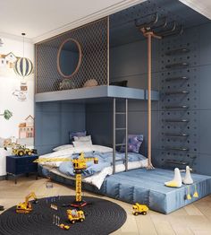 a bedroom with bunk beds and construction equipment