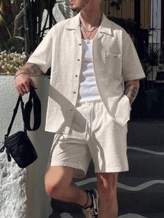 Khaki Casual Collar   Plain  Embellished Non-Stretch  Men Clothing Mens Vacation Outfits, Vacation Outfits Men, Beach Outfit Men, Boyfriend Outfit, Mens Shorts Outfits, Classy Outfits Men, Mens Summer Outfits, Cool Outfits For Men, Men Beach