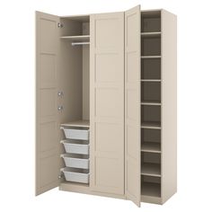 an open closet with several bins on the bottom and shelves below it, in front of a white background