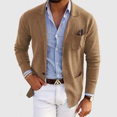 Braune Strickjacke für Herren Blazer Hombre Casual, Blazer Casual, Formal Men Outfit, Elegant Blazers, Autumn Sleeve, Mens Suit Jacket, Blazer Beige, Elegant Man, Knit Blazer