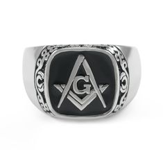 Please select your ring size in the drop down bar Available sizes: 7 8 9 10 11 12 13 14 Sterling silver Square Faced Masonic ring with Square and Compass surrounded by black enamel and beautiful filigree design on the border. Designed exclusively by our company for the members of Freemasonry. * Materials: 925 Sterling Silver - Rhodium Finishing - Black Enamel * Product includes lifetime warranty: We pride ourselves in our high quality products and stand by our craftsmanship. If for any reason yo Classic Adjustable Stainless Steel Signet Ring, Symbolic Black Stainless Steel Rings, Personalized Black Stainless Steel Rings, Black Stainless Steel Engraved Ring, Adjustable Black Engraved Ring, Black Symbolic Adjustable Rings, Spiritual Black Engraved Sterling Silver Ring, Classic Black Customizable Jewelry, Black Stainless Steel Jewelry With Engraving Option