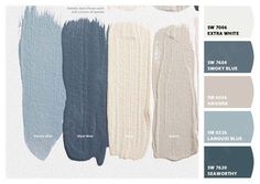 the swatches are all different shades of blue, white and gray with text that reads