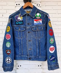 Patched Denim / Upcycled Jacket With Patches / Reworked | Etsy Denim Jacket Pins And Patches, Black Jean Jacket With Patches, Retro Embroidered Patch Outerwear For Fall, Retro Outerwear With Embroidered Patch For Fall, Retro Long Sleeve Denim Jacket With Patchwork, Retro Spring Outerwear With Patches, Retro Embroidered Outerwear For Fall, Retro Patchwork Denim Jacket For Winter, Retro Winter Denim Jacket With Patchwork