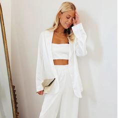 Cool Girl Boss Babe In This Vivid Ivory Blazer. Shining Satin Fabric, Blousy Fit And Buttons Elevate This. Wear Layered Over The Matching Tucker Top With Denim Or Go For The Full Look With The Irwin Pants. Perfect For Any Bride! Morning After Wedding Outfit, Fall Bridal Shower Outfit For Bride, White Bachelorette Party Outfit, Wedding Rehearsal Dinner Dress, Cream Bridesmaid Dresses, White Bachelorette, Classy Bachelorette Party, Ivory Bridesmaid Dresses, Rehearsal Dinner Outfits