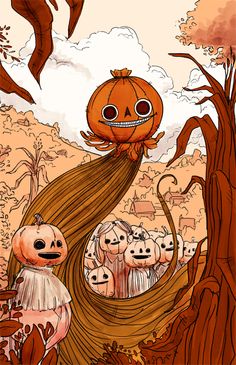 a drawing of a girl with long hair and pumpkins on her head in the woods