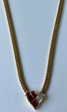 Nina Ricci Necklace, Triple 22kt gold,  handset  Ruby w Clear Swaroski crystals, Vintage, Canadian, New Gold Plated Luxury Chain Necklace, Gold Herringbone Chain Necklace For Formal Occasions, Gold Formal Herringbone Necklace, Formal Gold Herringbone Chain Necklace, Formal Gold Herringbone Necklace, Classic Gold-plated Herringbone Necklace, Classic Gold Herringbone Necklace, Classic Gold Herringbone Chain Necklace, Gold-plated Round Chain Necklace