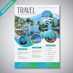 a travel flyer template with images of the beach and palm trees in green, blue and white