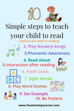 a poster with the words 10 simple steps to teach your child to read