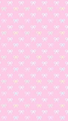 a pink background with white bows and hearts on the bottom, in pastel colors