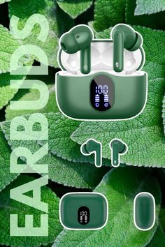 an advertisement for earbuds is shown with green leaves and the words ear buds on it