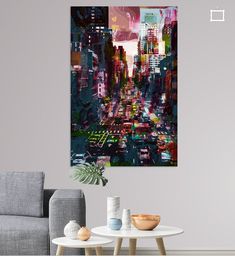 a living room scene with focus on the cityscape