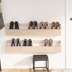 there are many pairs of shoes on the shelves in this room, and one is empty