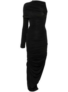 black stretch-design asymmetric design ruched detailing draped detailing asymmetric neck single long sleeve asymmetric hem concealed side zip fastening Mugler Dress, Side Ruched Dress, Expensive Stuff, Asymmetrical Black Dress, Nyc Winter, Wardrobe Edit, Bustier Dress, Asymmetrical Design, Crepe Dress