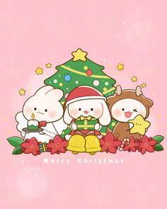 three cartoon animals sitting next to a christmas tree on a pink background with the words merry christmas written below it