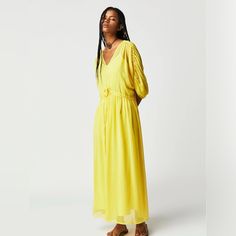 Just As Effortless As It Is Essential, This Forever Classic Maxi Dress Is Featured In A Drapey, Relaxed Fit And Sheer Fabrication With Drawstring Waist And Ruching At Sleeves For Added Dimension. Color: Yellow Fit: Relaxed, Drapey Fit Features: V-Neckline, Ruching At Shoulders, Drawstring Waist, Exaggerated Sleeves, Slip Lining Included 100% Polyester Why We It: Designed To Take You From Vacation To A Very Special Event, This Effortlessly Essential Maxi Dress Is The Perfect Versatile Piece To Ad Yellow V-neck Dress For Casual Wear, Breezy V-neck Midi Dress For Daywear, Yellow V-neck Casual Dress, Yellow Fits, Exaggerated Sleeves, Never Fully Dressed, Dress Free People, Free People Dress, Free People Dresses