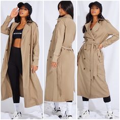 Brand New With Tags! Size 2 / Xs Fits Slim Approx 44” In Length Fitted Khaki Outerwear For Day Out, Longline Trench Coat, Midi Skirts, Pretty Little Thing, Long A Line, Little Things, Winter Outfits, Trench Coat, Midi Skirt