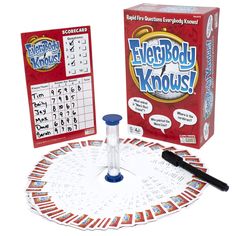 the everybody knows board game is in front of its box and instructions on how to use it