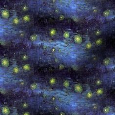 an image of a painting with many lights in the night sky and water lilies