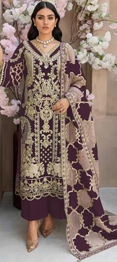 Purple and Violet color Salwar Kameez in Organza Silk fabric with Embroidered, Sequence, Thread work Luxury Purple Art Silk Salwar Kameez, Luxury Purple Salwar Kameez With Printed Motifs, Festive Purple Organza Salwar Kameez, Luxury Embroidered Purple Salwar Kameez, Unstitched Purple Chinon Salwar Kameez, Purple Semi-stitched Organza Salwar Kameez, Semi-stitched Purple Chinon Salwar Kameez, Wedding Salwar Kameez, Thread Work