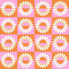 an orange and white checkered pattern with flowers in the center on a pink background