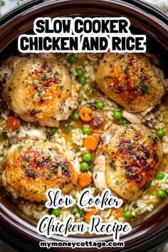 slow cooker chicken and rice in a crock pot with text overlay that reads slow cooker chicken and rice