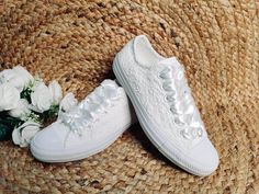 "Wedding converse for bride . Made with love for your wedding day by - More Wedding shoes at our shop : https://www.etsy.com/shop/ZorzosCollection?ref=seller-platform-mcnav It's not just the bride that can use a pair of customized Converse, they are suitable for the entire wedding party from your Maid of Honor, Bridesmaid, to the father of the bride they can match their footwear to their outfits. We can work with you to create the perfect dream couple of personalized wedding instructors. Choose Sneakers For Wedding, Lace Converse, Customized Converse, Bridal Shoes Vintage, Sneakers Wedding, Converse Design, Dream Couple, Baskets Converse, Bridal Sneakers