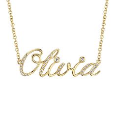 Custom Nameplate Necklace Style Number: N4516A-OLIVIA Collection: Fashion Starting Price: $850 USD* From the Parade in Fashion collection, personalize your name in gleaming 14K gold and brilliant white diamonds, suspended from a fine link chain. Diamonds and Price may vary. Carat Weight: 31 Round - 0.08ct Chain Length: 18" Available Materials: "14K Gold, 18K Gold, Platinum" Available Color: "White, Yellow, Rose, White/Yellow, Black/White, Black/Yellow, Yellow/Rose, White/Rose" All Names And Lett Olivia Name, Parade Design, Fine Engagement Rings, Elegant Engagement Rings, Jewelry Appraisal, Nameplate Necklace, Bridal Engagement Rings, Custom Name Necklace, Engraved Jewelry