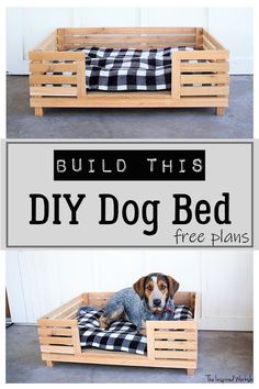 a dog bed made out of wooden pallets with the words build this diy dog bed