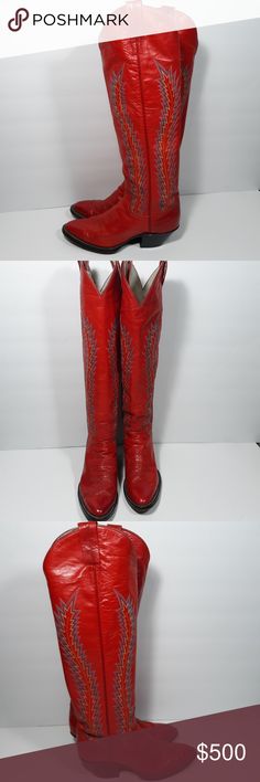 LARRY MAHAN Knee Hi Red Leather Cowboy Boots 5 Larry Mahan Fire Red Vintage Knee Hi Cowboy Boots Size: 5 Shaft height: 15" Heel to toe: 8.5" Width: 3" Circumference: 12" - Fire engine red in color - Glazed leather upper - pointed toe - Fire embroidered design on side - Pull on style- - Welted construction - 2" heels Gorgeous! Amazing vintage condition! These fabulous boots will never go out style. Perfect with skinny jeans! Rare Knee hi design! Beautiful color and detailing. This is a rare buy! Red Western Boots For Formal Occasions, Fitted Red Vintage Boots, Western Red Knee-high Boots, Red Western Knee-high Boots, Vintage Red Boots With Leather Sole, Red Fitted Boots With Leather Lining, Fitted Red Boots With Leather Lining, Leather Cowboy Boots, Red Vintage