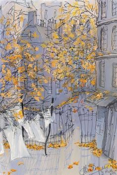 an artistic drawing of trees and buildings in the fall season with yellow leaves on them