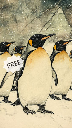 three penguins standing next to each other in the snow with a free sign on their chest