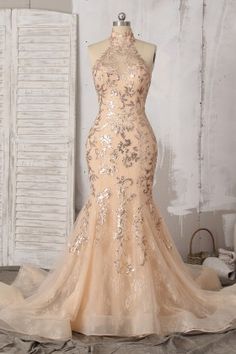 Halter Mermaid Dress, Dinner Wears, Lace Mermaid Prom Dress, Rose Gold Prom Dress, Sparkly Champagne, Trumpet Prom Dress, Prom Dress Ball Gown, Lace Mermaid Dress, Long Mermaid Dress