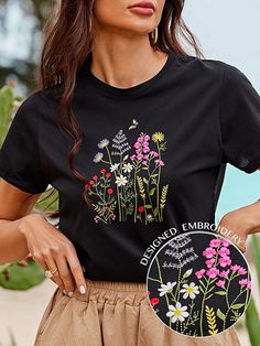 Black Embroidered T-shirt For Summer, Fitted Embroidered T-shirt For Spring, Embroidered Fitted T-shirt For Spring, Fitted Black Embroidered T-shirt, Trendy Black Tops With Floral Embroidery, Black Floral Embroidered T-shirt For Summer, Embroidered Black T-shirt For Spring, Embroidered Black T-shirt For Fall, Black Embroidered T-shirt For Spring