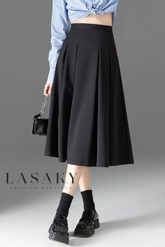 Lasaky - Classic Black High-Waisted Pleated Midi A-Line Umbrella Skirt Umbrella Skirt, High Waisted Pleated Skirt, High Waist Skirt, Wrap Around Skirt, Mid Length Skirts, Skirt Skirt, Box Pleats, Pleated Midi Skirt, Lower Body