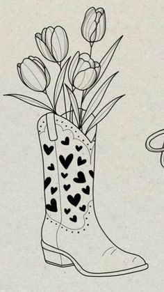 a drawing of a boot with flowers in it