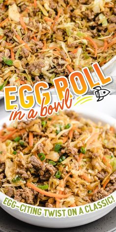 A vibrant bowl filled with ground meat, shredded cabbage, carrots, and green onions, topped with a drizzle of soy sauce and sesame seeds.