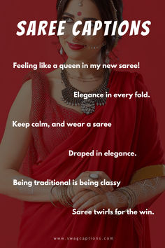 a woman in red saree with text that reads saree captions