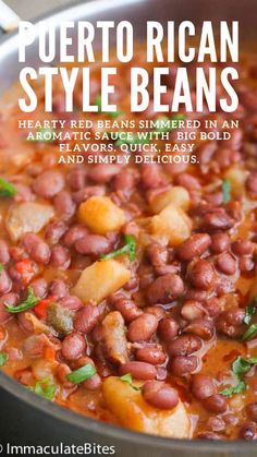 the recipe for puerto rican style beans is shown in a pan