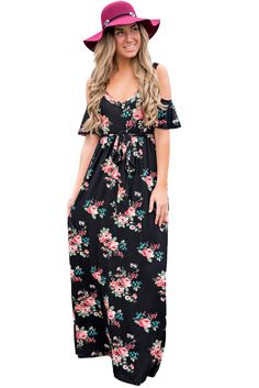 Black Cold Shoulder High Waist Floral Dress with Belt Belt Women, Low Neckline, Dresses Floral, Dress With Belt, Floral Dresses, Club Dresses, Women Dresses, Belted Dress, Affordable Fashion