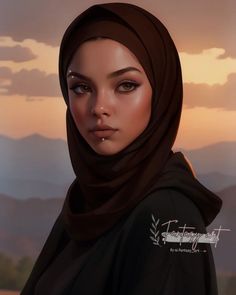 a digital painting of a woman wearing a headscarf with mountains in the background